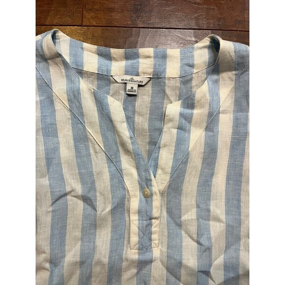 LL Bean Womens Striped 100% Lien Casual Popover Short Sleeve Shirt Sz M - Picture 2 of 5